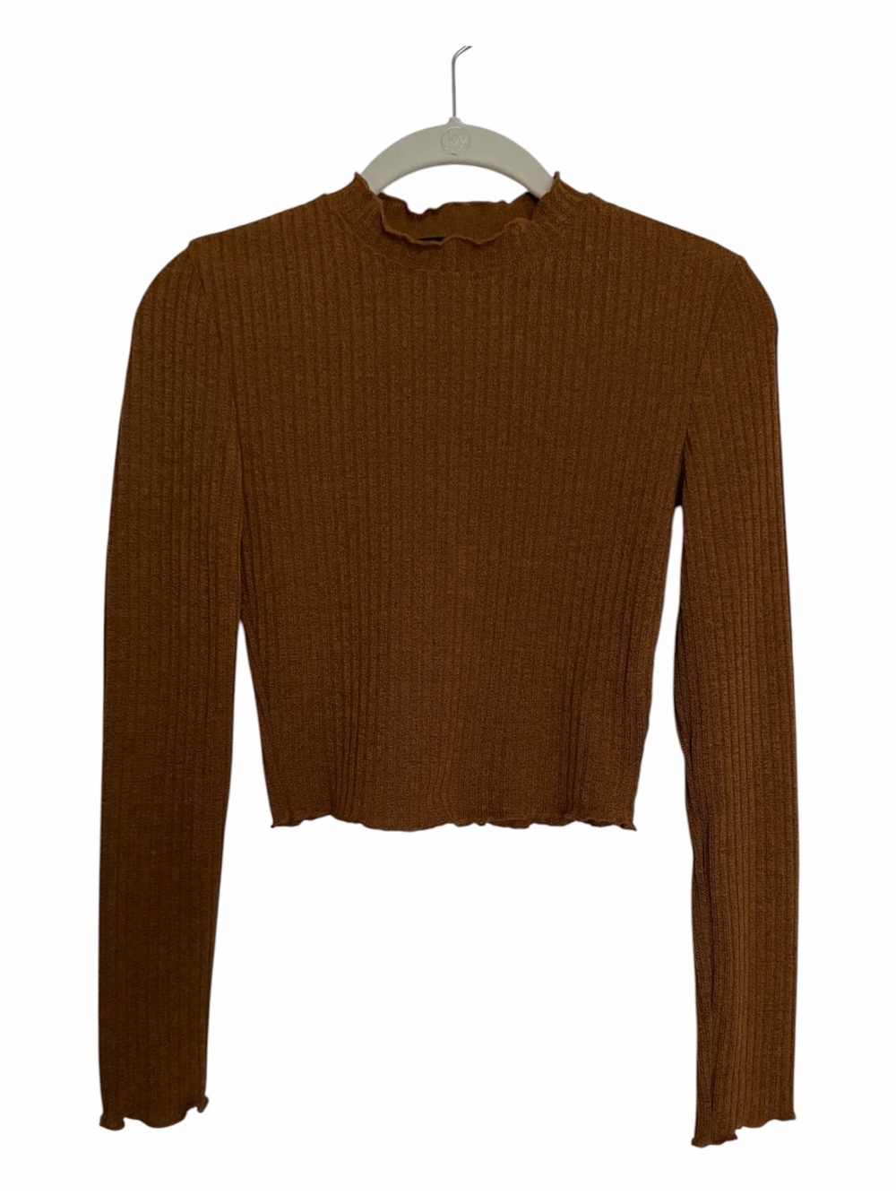 SHEIN Brown Ribbed Lettuce Trim Mock Neck Crop Light Top Size S